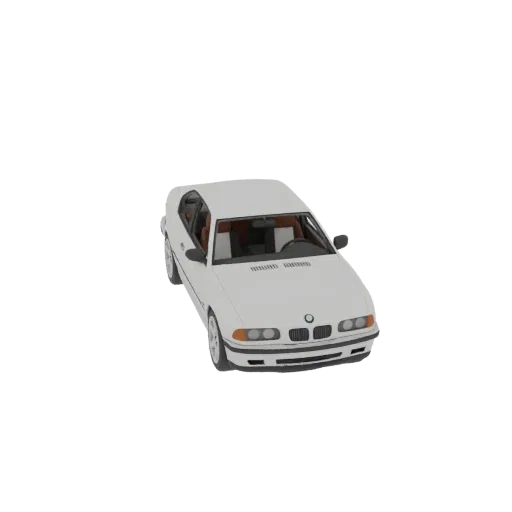 3D model of white BMW E39 car body, front and side view, hollow inside