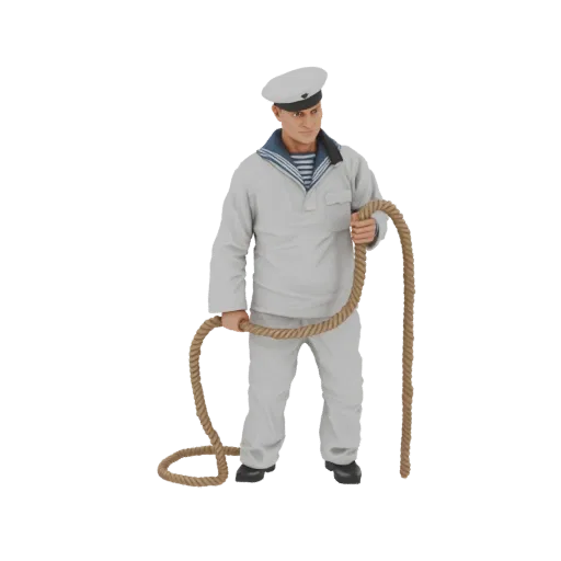 3D model of a sailor in a white uniform holding a thick rope, isolated on a white background.