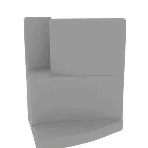 Render 3D di una libreria angolare moderna a L grigia con base curva e sezione superiore verticale, su sfondo bianco.