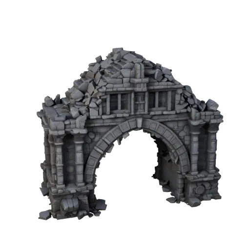 Buried City Gateway Stylized 3D model, stylized isometric environment render, showing aged stone, built remnants.