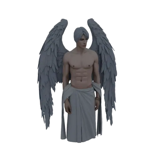 3D-Modell eines muskulösen männlichen Engelskriegers mit großen grauen gefiederten Flügeln und einem weißen Lendenschurz, der heroisch steht.