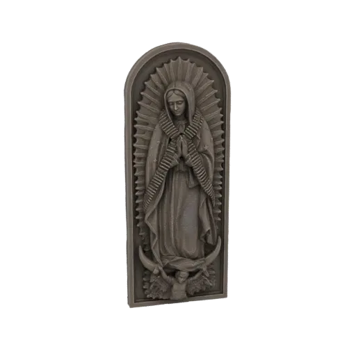 3D model relief of the Virgin Mary wearing a bullet belt, with hands clasped in prayer, set against an arched background.