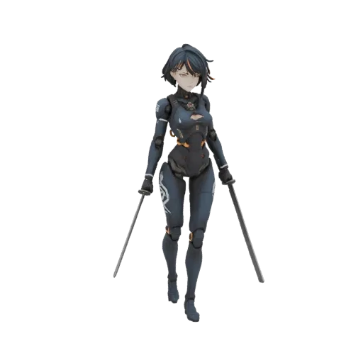 3D model of a cyberpunk ninja character in a dark tactical suit, holding two katanas in a ready stance.