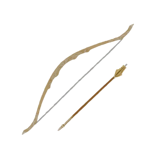 3D model of an Elven bow with intricate patterns and a golden-tipped arrow, set against a white background.