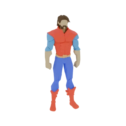 3D model of a retro sci-fi hero with a red vest, blue sleeves, blue pants, and orange boots, standing in a heroic pose.