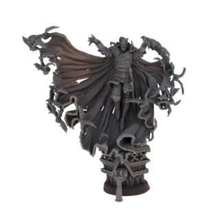 Modelo 3D de un Señor Vampiro Gótico con brazos extendidos, capa andrajosa y un enjambre de murciélagos emergiendo de un pede