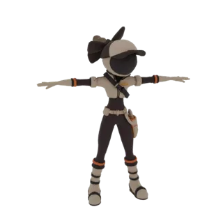 3D model of a stylized adventurer character in a T-pose, wearing a cap, jacket, and utility belt, against a white background.