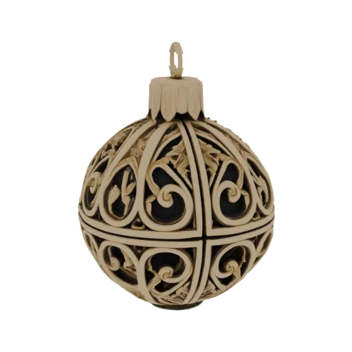 A detailed 3D model of an ornate Christmas bauble with intricate filigree patterns in an aged ivory finish, set against a whi