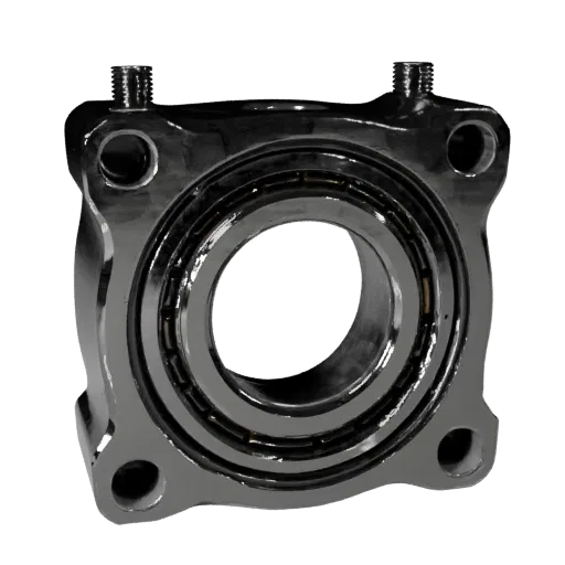 Sealed Bearing Block 3D model, side profile view, technical viewport render, showing machined metal, form detail.