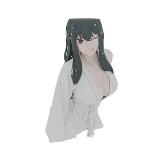 Modelo 3D de una chica anime con cabello oscuro vistiendo un kimono blanco, guiñando juguetonamente.