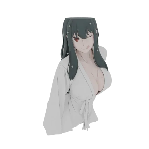 3D model of an anime girl with dark hair wearing a white kimono, winking playfully.
