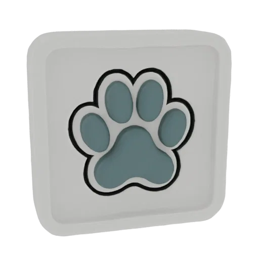 3D render of a stylized paw print icon with a teal paw pad and black outline on a white square base.