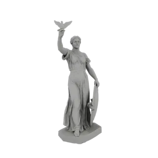 Modello 3D di una statua femminile classica che rappresenta la Pace, tenendo una colomba nella mano alzata e uno scudo nell'a