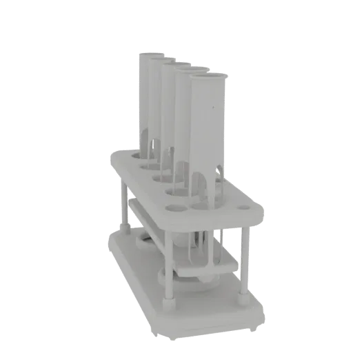 Research Test Tube Rack 3D model, three-quarter front view, AR viewer studio render, showing glass, form detail.