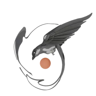 3D model of a stylized gray bird in flight, with abstract gray swirls and a small orange orb, against a white background.