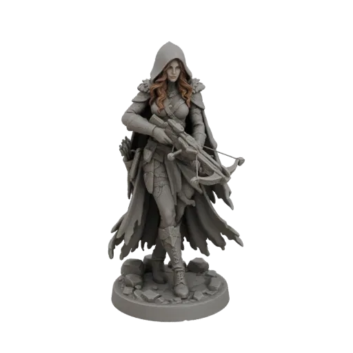 3D model of a female ranger with a hooded cloak, holding a crossbow, standing on a rocky base.