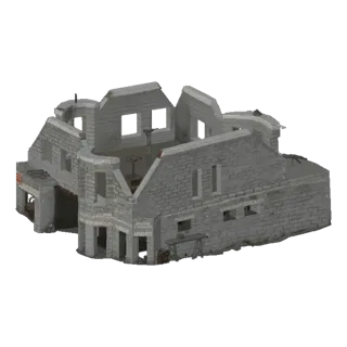 Maquette 3D de maison en briques non finie avec murs apparents et ouvertures, sur fond noir.