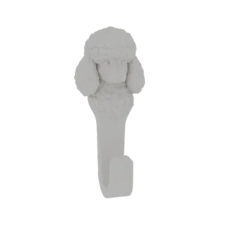 Modello 3D di una testa di barboncino bianca con acconciatura riccia, attaccata a un gancio curvo verso il basso.