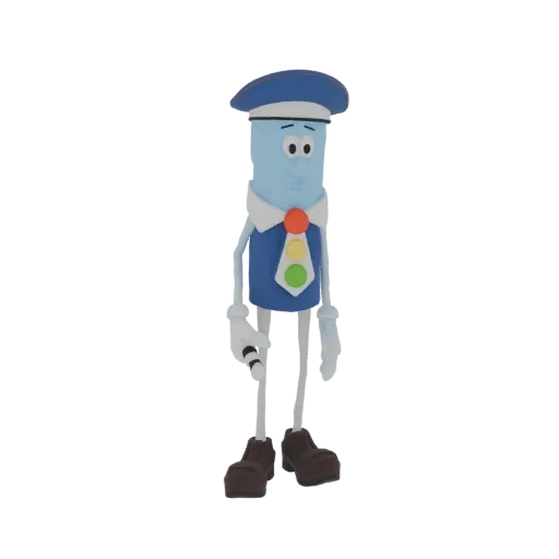 Modelo 3D de um personagem semáforo cartunesco usando um boné azul e uniforme com um emblema de sinal de trânsito no peito.