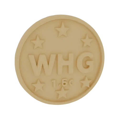 3D model of embossed coin with WHG letters and four stars, gold color on black background.