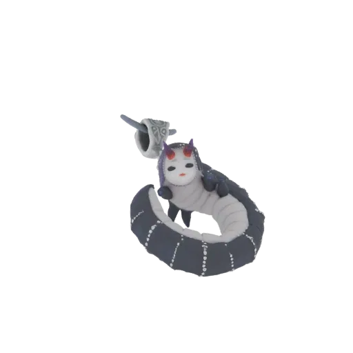 3D model of a dark, segmented caterpillar creature with a white mask and red horns, coiled in a dynamic pose.
