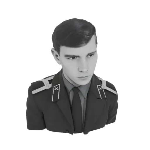 Renderização em modelo 3D de busto de oficial soviético, com detalhes faciais realistas e uniforme detalhado com dragonas.