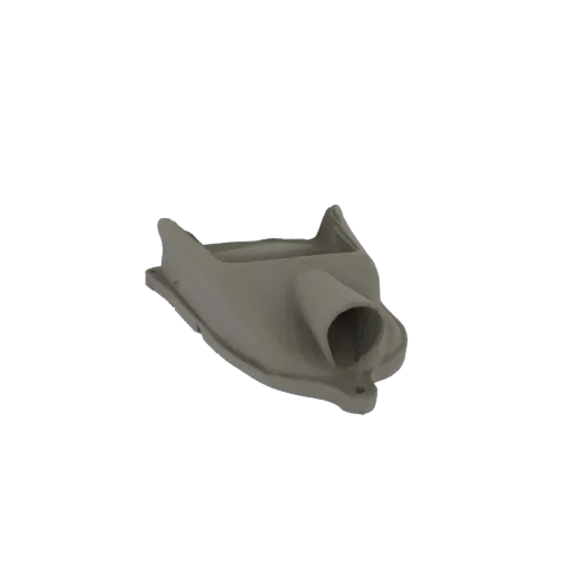 3D model render of a gray plastic air intake duct with a cylindrical outlet, set against a white background.