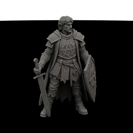 3D model of a male knight in armor, holding a sword and shield with an anarchy symbol, against a black background.