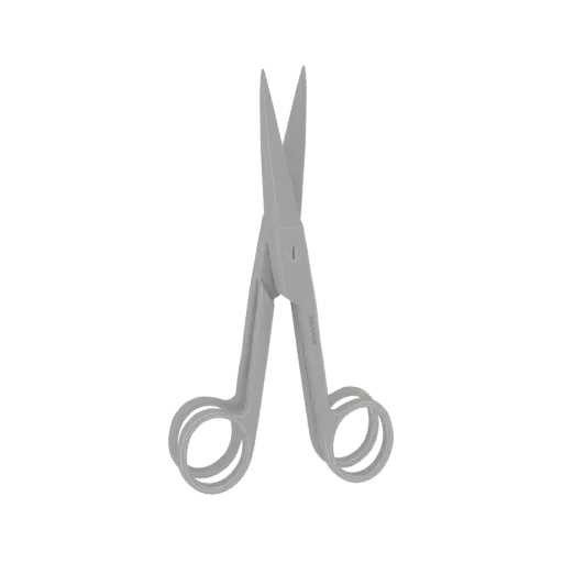 A realistic 3D model of a pair of surgical scissors with metallic finish, presented on a black background.