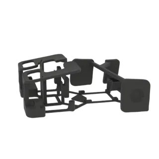 Un rendering 3D di un telaio grigio scuro, che mostra i suoi intricati componenti strutturali e il design industriale.