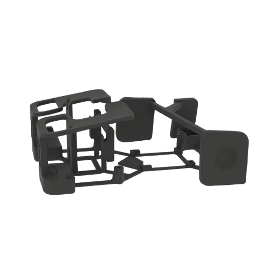 Una renderización 3D de un chasis gris oscuro, mostrando sus intrincados componentes estructurales y diseño industrial.