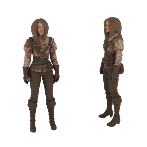 3D model of a female adventurer in Witcher-inspired clothing, shown from front and side views.
