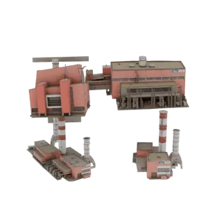 3D model of an industrial power plant complex with multiple buildings, walkways, and smokestacks, rendered against a white ba
