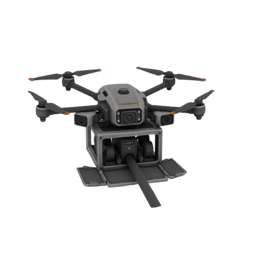3D model of a grey and orange advanced drone with an open payload bay revealing a central mechanism and a deployed arm.