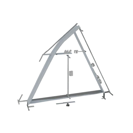 3D model of a triangular truss, composed of metal beams forming a trapezoidal structure.