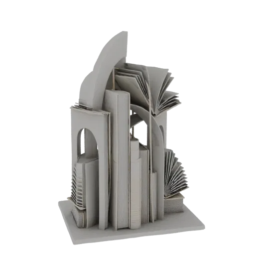 Modello 3D di una scultura astratta fatta di libri, che ricorda archi e strutture architettoniche, renderizzata in un grigio