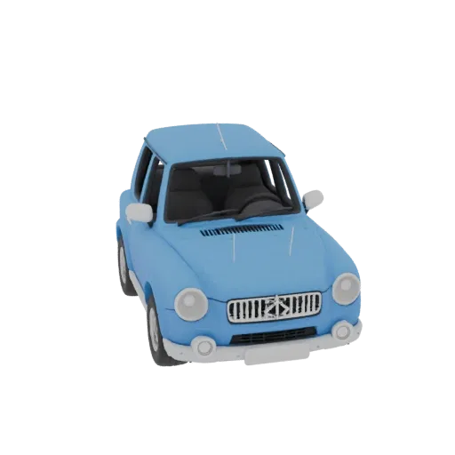 3D model of a blue retro car with rounded shapes and chrome details.