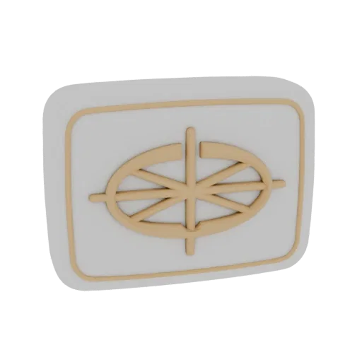 3D render of a stylized emblem with a gold outline and a gold-colored abstract wheel-like design on an off-white background.