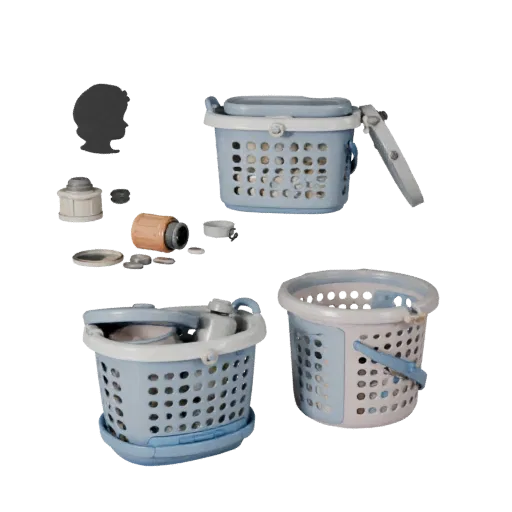 Cluttered Laundry Basket 3D model, three-quarter front view, Unity viewport, showing ceramic, form detail.