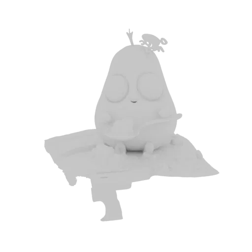 3D render of a cute, white pear character with big eyes, holding a spoon, and a small crab on its head, sitting on a textured