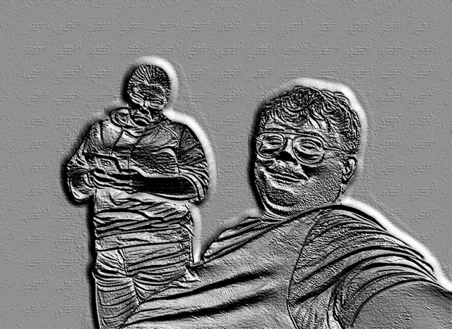 3D model of "Two People" bas-relief, depicting two men with detailed facial features and clothing.
