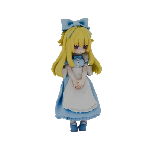 3D model of a clay-style Alice in Wonderland figure wearing a blue dress and white apron, with blonde hair and a blue bow.