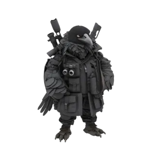 3D model of a raven character dressed as a tactical soldier, wearing a vest and carrying weapons.