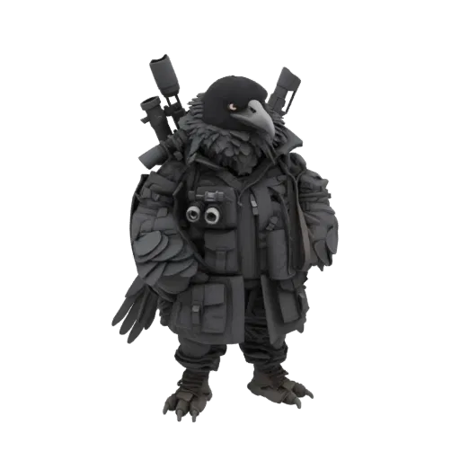 Modelo 3D de corvo tático, com colete e armas.