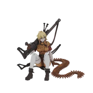 Rendu 3D d'une fille anime aux cheveux blonds, portant un uniforme militaire beige, tenant une mitrailleuse lourde et une ban