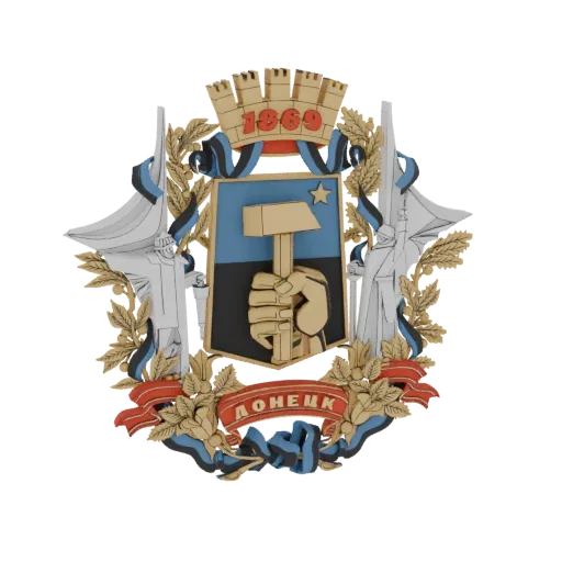 3D model of the Coat of Arms of Donetsk, featuring a golden hammer and star on a blue and black shield, surrounded by laurel