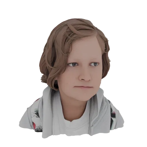 3D-Modell-Vorschau eines Jungen mit welligen braunen Haaren, der einen hellen Kapuzenpullover trägt und leicht zur Seite blic