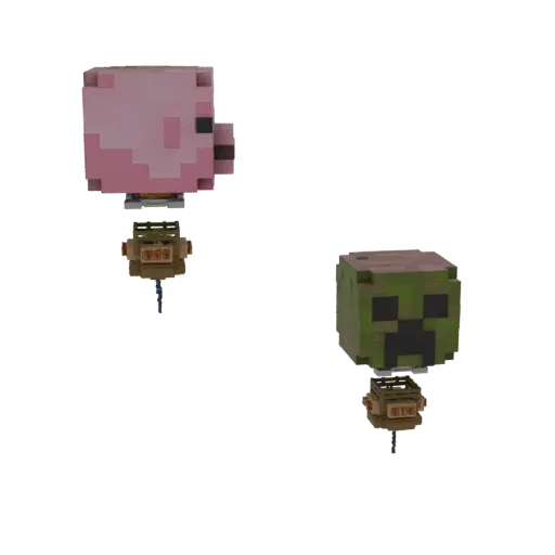 3D model render of two Minecraft-themed hot air balloons, one with a Pig head and the other with a Creeper head, suspended ab