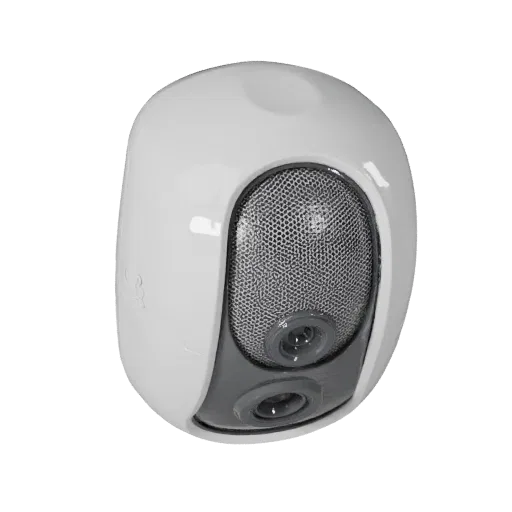 Voice Controlled Security Camera 3D model, three-quarter studio product render, showing white plastic, form detail.