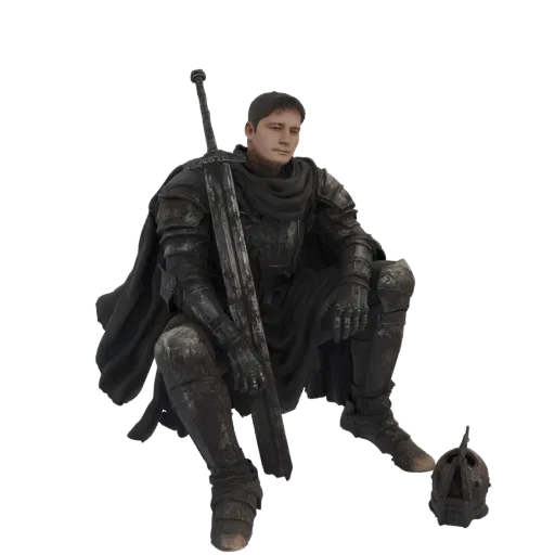 3D model of a dark knight in black armor, sitting with a large greatsword, wearing a scarf, with a helmet on the ground.
